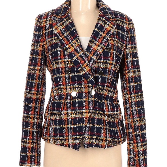 Navy Blue Multicolored Plaid Tweed Blazer Size 6 - Picture 1 of 2